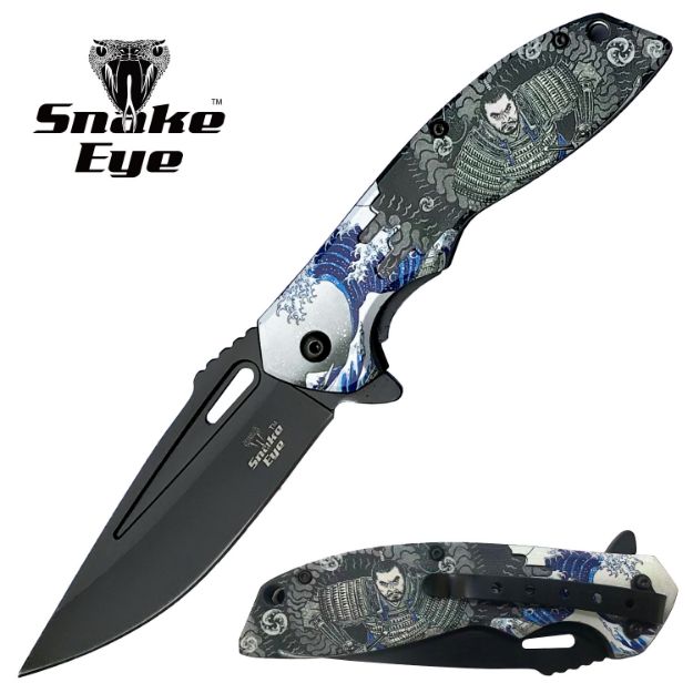 Samurai Motiv Foldekniv - Blå/Svart