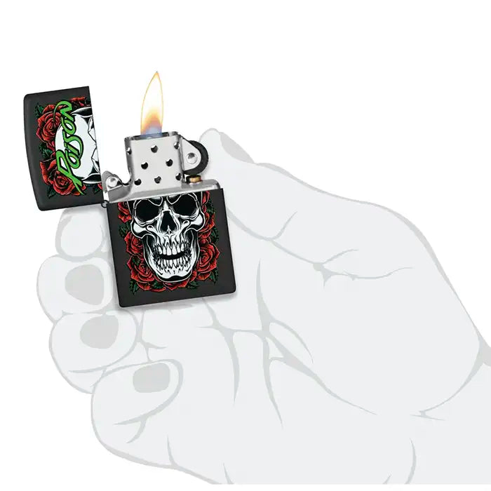 Zippo – Poison «Hodeskalle med Roser» Motiv – Black Matte Lighter