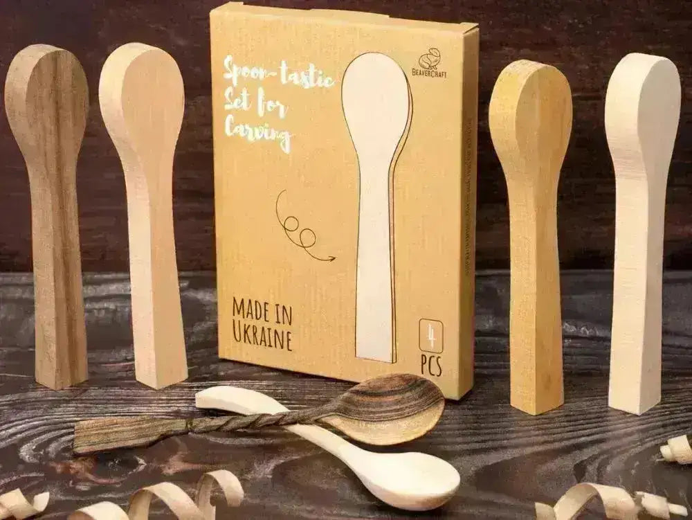 BB2 Emne til Treskjæring Skje - 4stk Pakke - Alm, Lønn, Or, Aprikos - Game-On.no