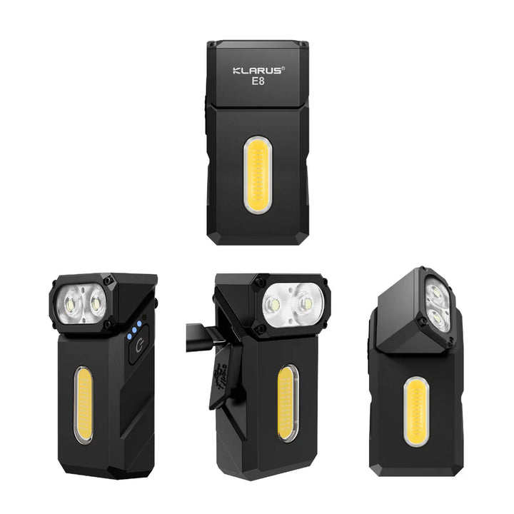 Klarus - E8 - Oppladbar Lykt med Tre Lysskilder og 180° Svingbart Hode - 1000 Lumen - Game-On.no