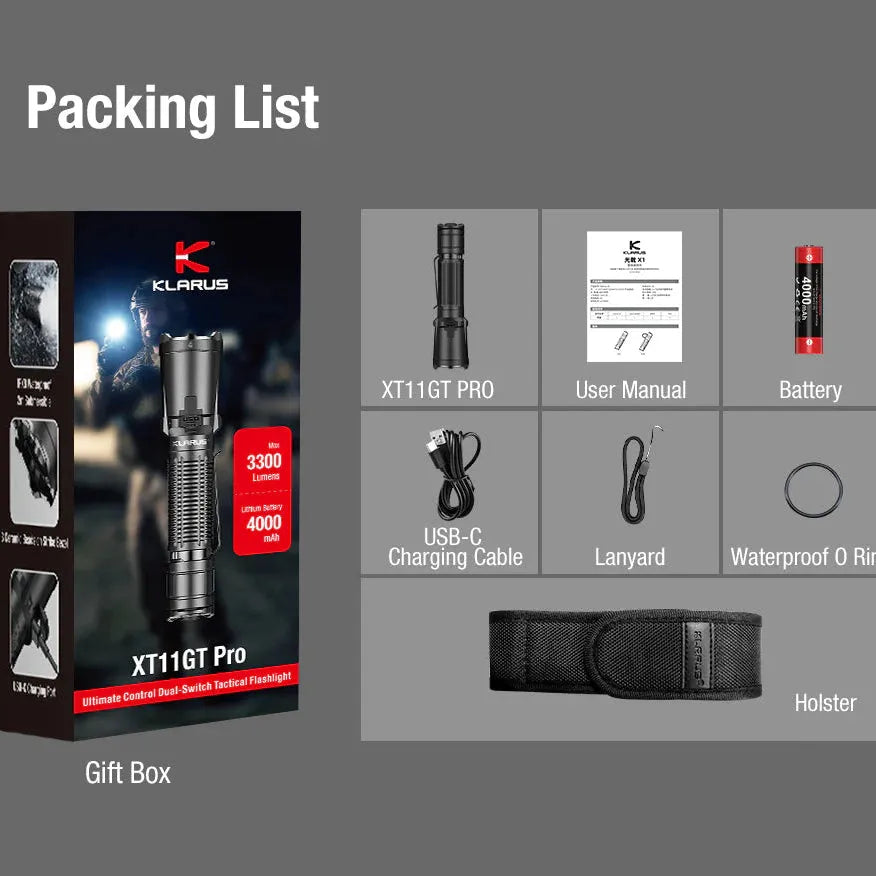 Klarus - XT11GT Pro V3.0 - Kompakt Taktisk Lommelykt - 3300 Lumen - Game-On.no