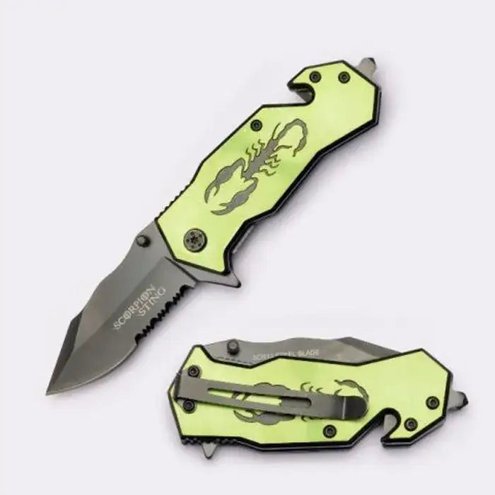 SE – Scorpion Sting Rescue Foldekniv med Serratert Blad, Beltekutter og Glassknuser - Game-On.no