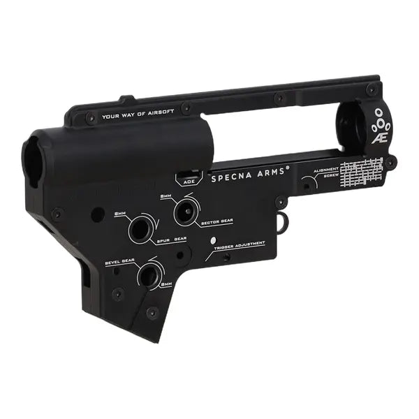 Specna Arms Aether CNC V2 gearboxskall, med Specna Arms-logo og 8mm-merking