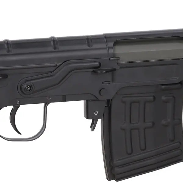 Specna Arms Retro Dragunov SVD, nærbilde av låskasse, avtrekker og magasin