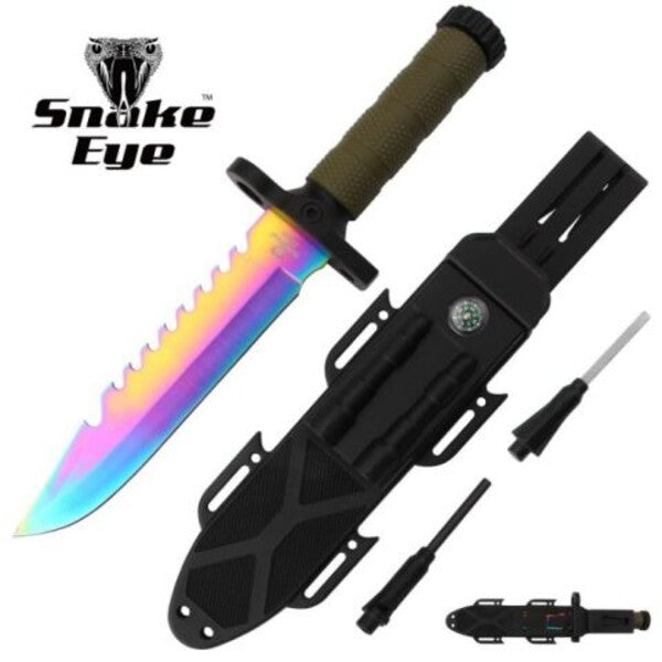 Snake Eye Viper Fang overlevelseskniv med Rainbow TiNite belegg og slire